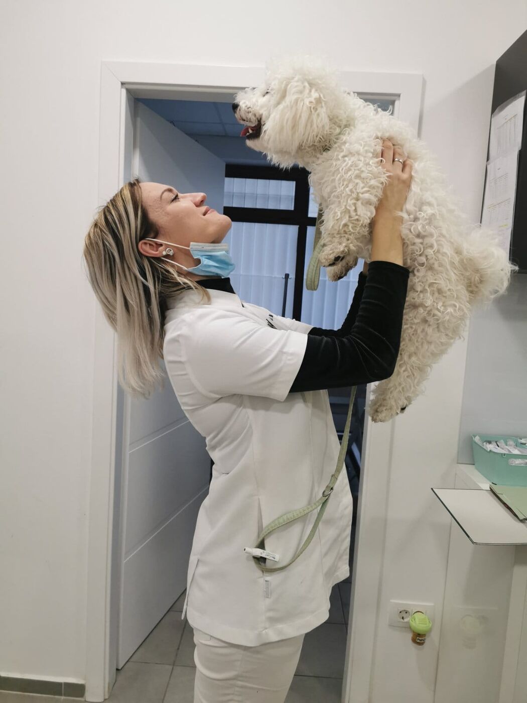 Veterinarka s psom v naročju